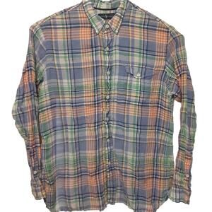 Ralph Lauren Mens XL 100% Linen Multicolor Plaid Long Sleeve Button Up Shirt